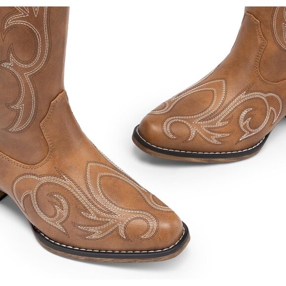 Womens Faux Leather Brown Knee High Chunky Heel Side Zipper Embroidered Boots - Picture 5 of 8